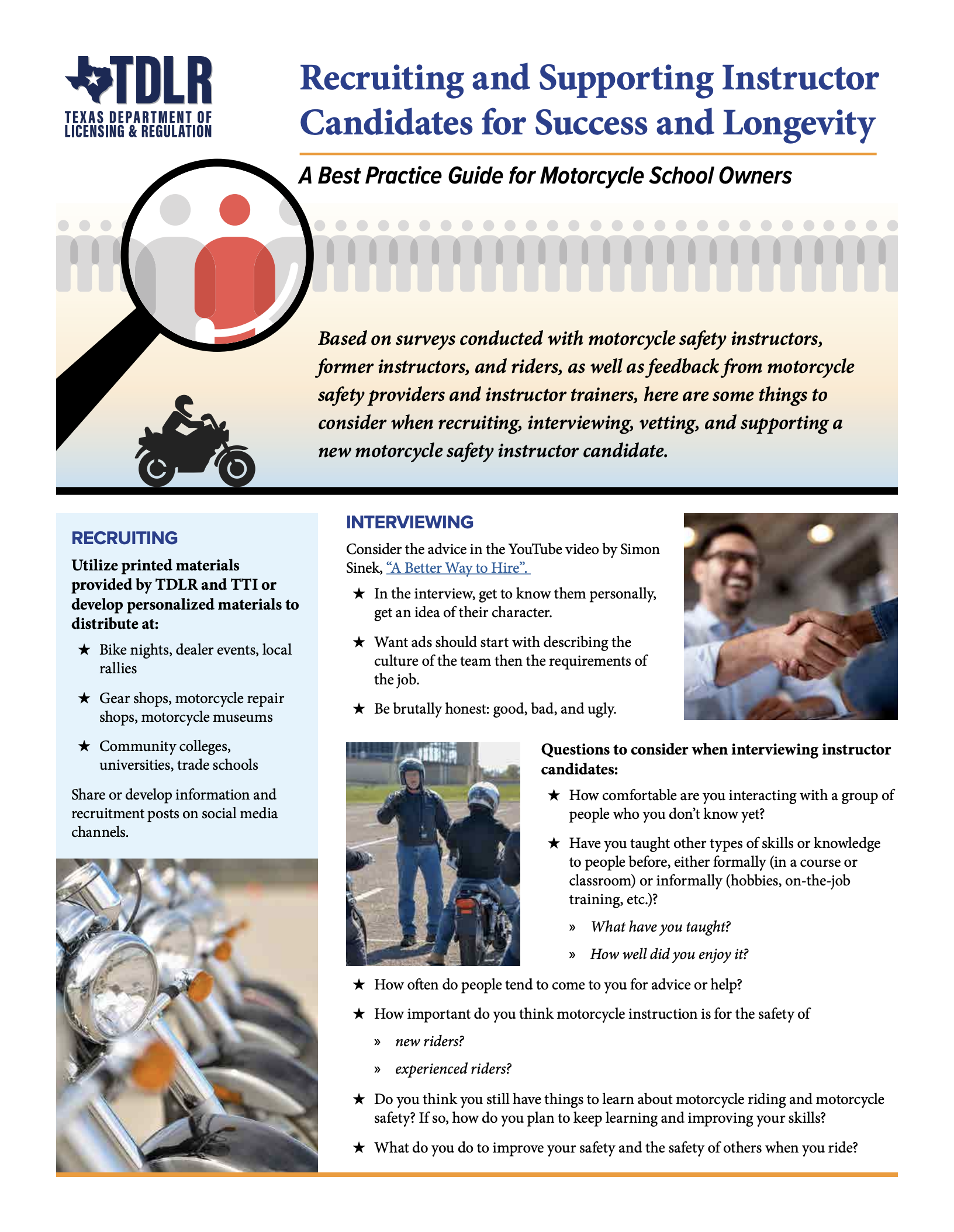 Thumbnail image of the Texas Department of Licensing and Registration's (TDLR) pdf document guide, "Recruiting and Supporting Instructor Candidates for Success and Longevity: A Best Practice Guide for Motorcycle School Owners"
